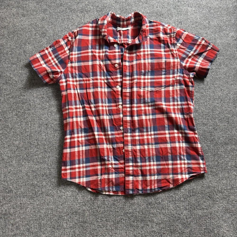 Sonoma Mens Short Sleeve Button Down Plaid Shirt Red White Blue Casual M